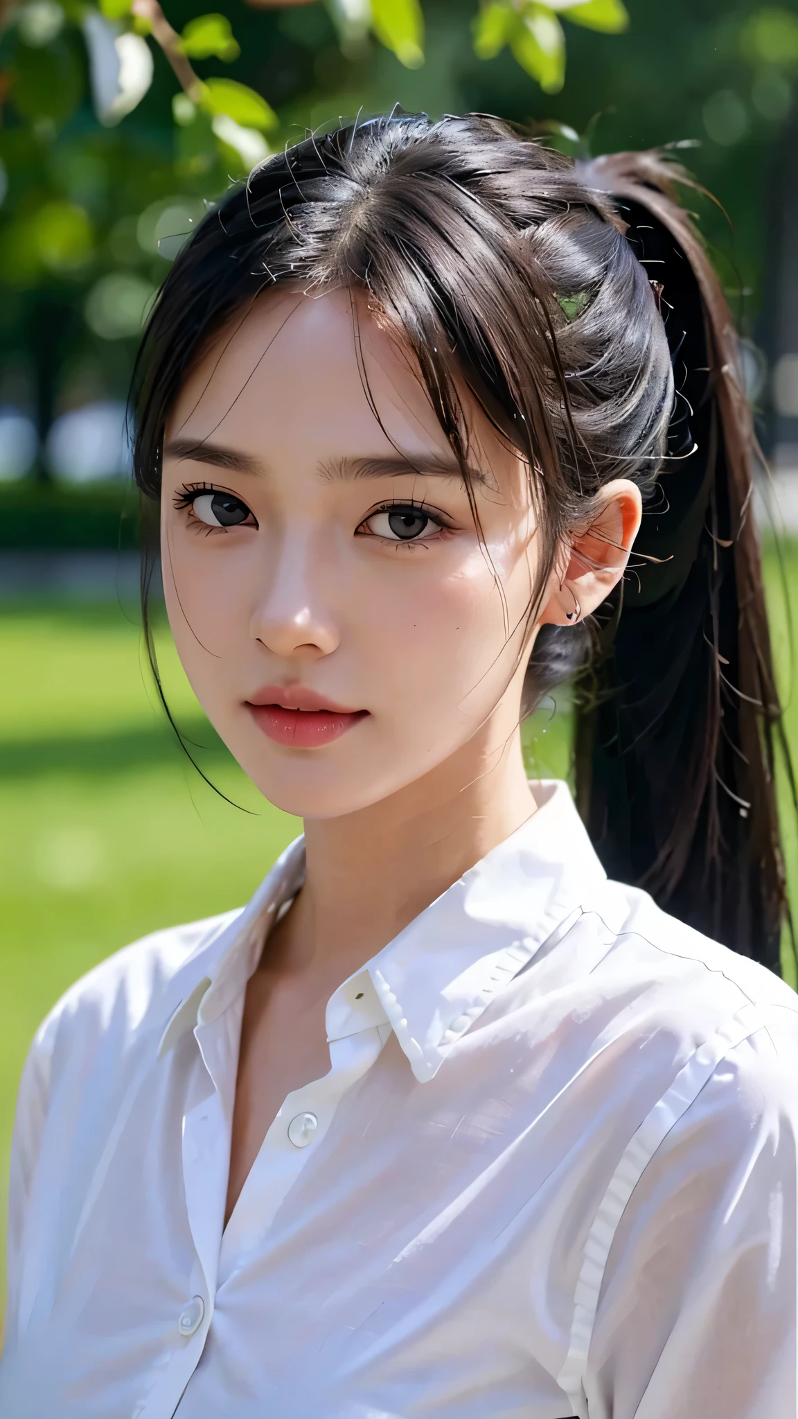 White collared shirt,jeans,outdoors,Urban Park,On the lawn,One woman,close up face,fully body photo,masutepiece, The highest image quality, High quality, the background is clear,Beautiful woman, Japanese, Detailed, Ultra-detailed, finely detail, hight resolution, 8K Wallpaper, Perfect dynamic composition, Beautiful detailed eyes ,Detailed eyes, Detailed skin, Beautiful skin, 超hight resolution, (reality: 1.4),Very beautiful woman, Slightly younger face, Beautiful skin, slender, (Ultra photo realsisim), (hight resolution), (8K), (Very detailed) (beautifully detailed eyes), (super detailed), (Detailed face), view the viewer, Fine details, Detailed face, Staring straight ahead, Staring straight ahead, photos realistic, Bright lighting, Professional Lighting, Black hair,poneyTail,a baby face,sixteen years old,Hairstyle: ponytail,Long ponytail hairstyle,slight smile,