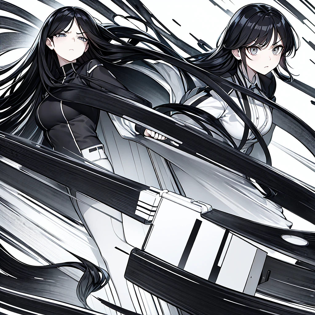 masterpiece, best quality, long straight hair, female, Irritated expression, office worker suit, girl, ( There is only one person ), angry expression, big bust, Close both eyes, black hair, black and white background like cartoon