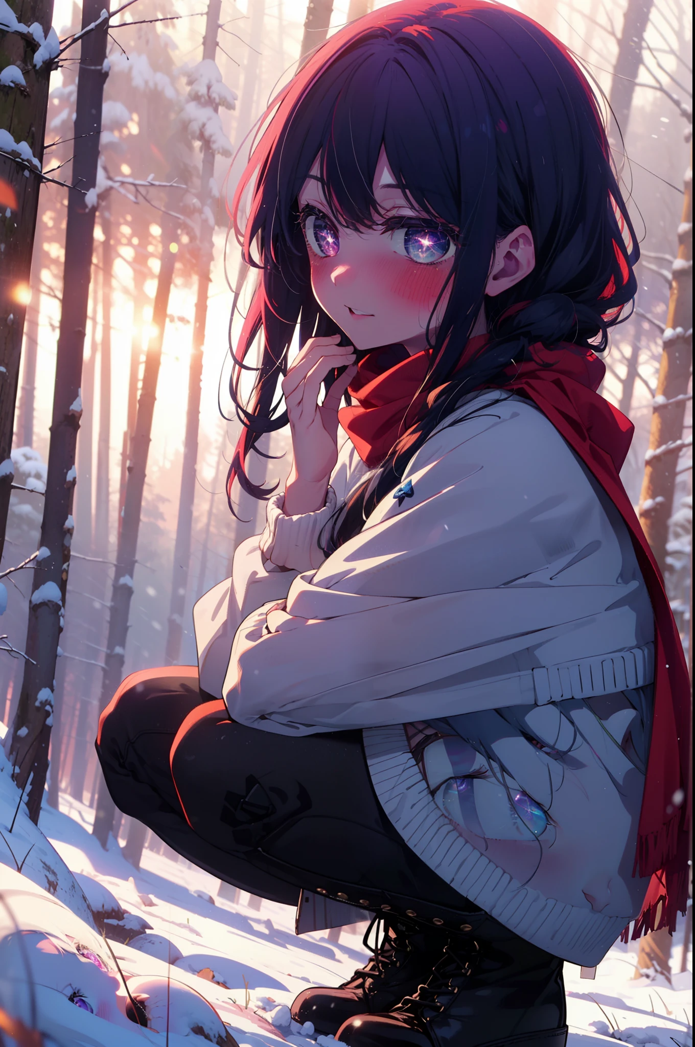 aihoshino, ai hoshino, Long Hair, bangs, (Purple eyes:1.1), Purple Hair, (Symbol-shaped pupil:1.5), smile,,smile,blush,White Breath,
Open your mouth,snow,Ground bonfire, Outdoor, boots, snowing, From the side, wood, suitcase, Cape, Blurred, , forest, White handbag, nature, Squat, Mouth closed, Cape, winter, Written boundary depth, Black shoes, red Cape break looking at viewer, Upper Body, whole body, break Outdoor, forest, nature, break (masterpiece:1.2), Highest quality, High resolution, unity 8k wallpaper, (shape:0.8), (Beautiful and beautiful eyes:1.6), Highly detailed face, Perfect lighting, Extremely detailed CG, (Perfect hands, Perfect Anatomy),