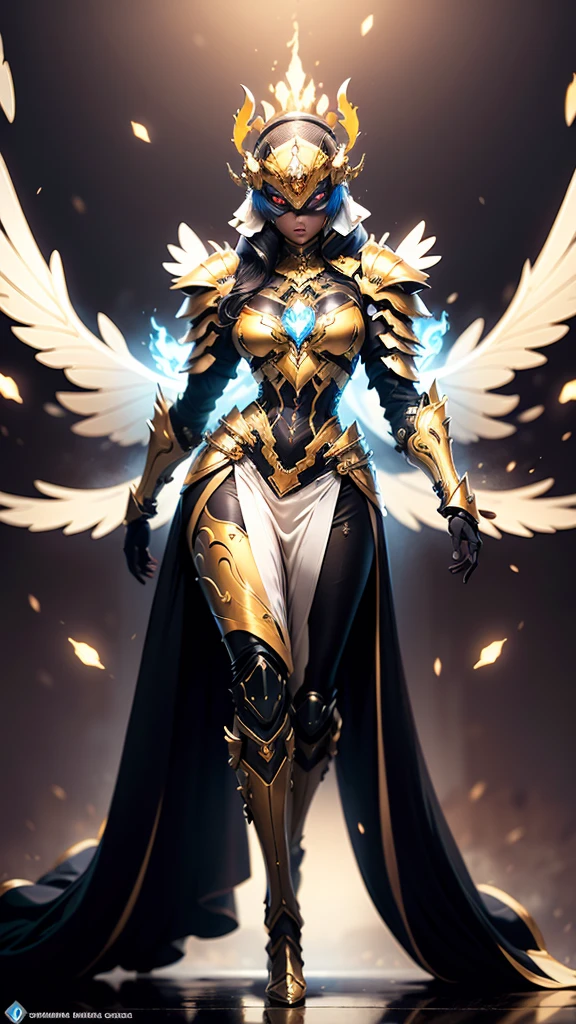 A woman adorned in fantasy-style full-body armor, a crown-concept fully enclosed helmet that unveils only her eyes, a composite layered chest plate, fully encompassing shoulder and hand guards, a lightweight waist armor, form-fitting shin guards, the overall design is heavy-duty yet flexible, (the armor gleams with a golden glow, complemented by red and blue accents), exhibiting a noble aura, she floats above a fantasy-surreal high-tech city, this character embodies a finely crafted fantasy-surreal style armored hero in anime style, exquisite and mature manga art style, (mixture of Queen bee and Spider concept Armor, plasma), ((Element, elegant, goddess, femminine:1.5)), metallic, high definition, best quality, highres, ultra-detailed, ultra-fine painting, extremely delicate, professional, anatomically correct, symmetrical face, extremely detailed eyes and face, high quality eyes, creativity, RAW photo, UHD, 32k, Natural light, cinematic lighting, masterpiece-anatomy-perfect, masterpiece:1.5