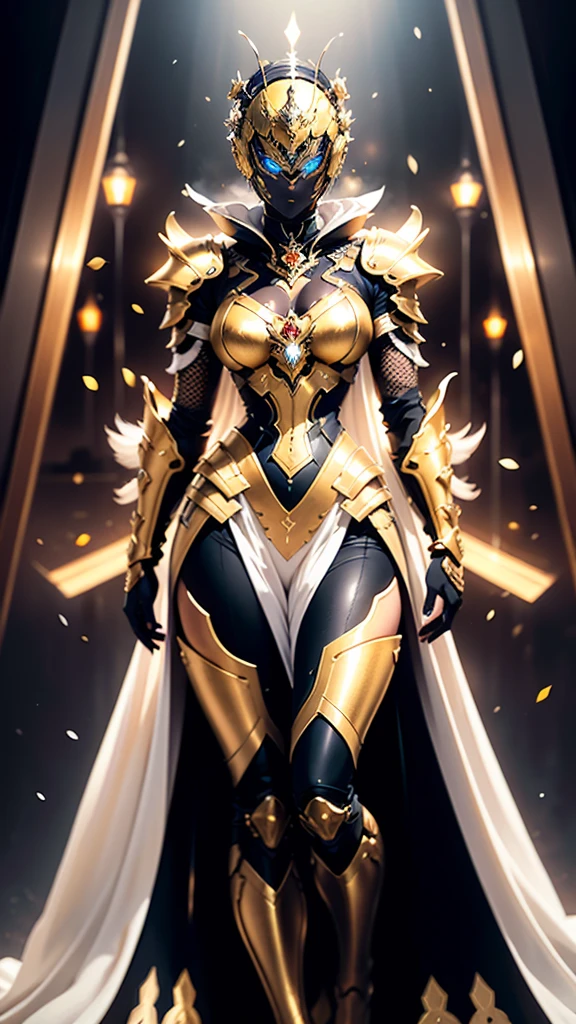 A woman adorned in fantasy-style full-body armor, a crown-concept fully enclosed helmet that unveils only her eyes, a composite layered chest plate, fully encompassing shoulder and hand guards, a lightweight waist armor, form-fitting shin guards, the overall design is heavy-duty yet flexible, (the armor gleams with a golden glow, complemented by red and blue accents), exhibiting a noble aura, she floats above a fantasy-surreal high-tech city, this character embodies a finely crafted fantasy-surreal style armored hero in anime style, exquisite and mature manga art style, (mixture of Queen bee and Spider concept Armor, plasma), ((Element, elegant, goddess, femminine:1.5)), metallic, high definition, best quality, highres, ultra-detailed, ultra-fine painting, extremely delicate, professional, anatomically correct, symmetrical face, extremely detailed eyes and face, high quality eyes, creativity, RAW photo, UHD, 32k, Natural light, cinematic lighting, masterpiece-anatomy-perfect, masterpiece:1.5