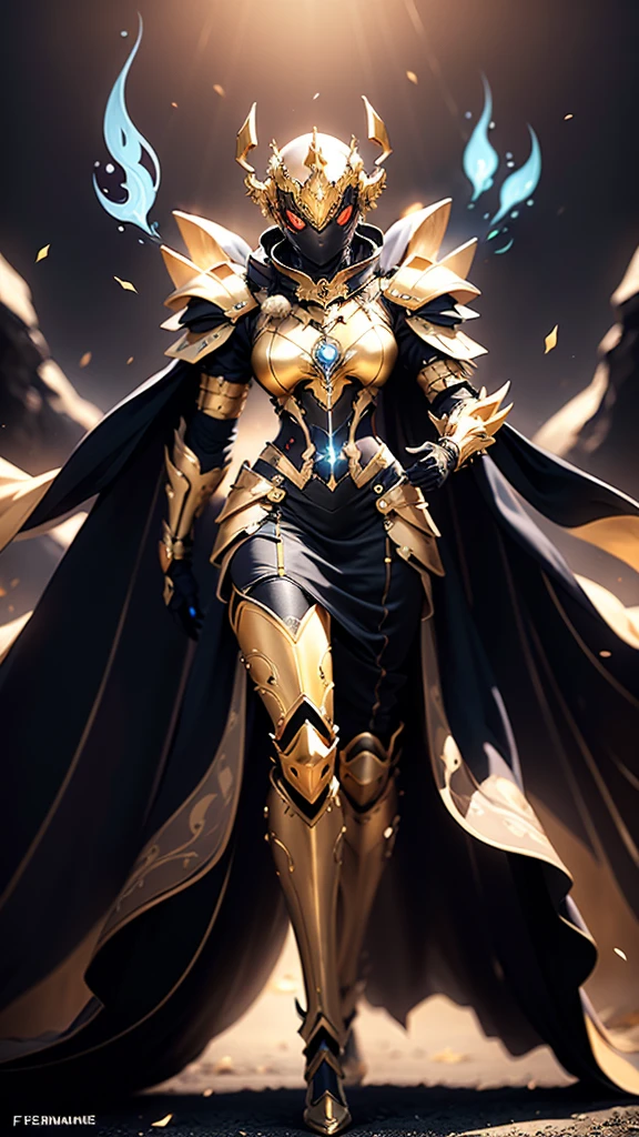 A woman adorned in fantasy-style full-body armor, a crown-concept fully enclosed helmet that unveils only her eyes, a composite layered chest plate, fully encompassing shoulder and hand guards, a lightweight waist armor, form-fitting shin guards, the overall design is heavy-duty yet flexible, (the armor gleams with a golden glow, complemented by red and blue accents), exhibiting a noble aura, she floats above a fantasy-surreal high-tech city, this character embodies a finely crafted fantasy-surreal style armored hero in anime style, exquisite and mature manga art style, (mixture of Queen bee and Spider concept Armor, plasma), ((Element, elegant, goddess, femminine:1.5)), metallic, high definition, best quality, highres, ultra-detailed, ultra-fine painting, extremely delicate, professional, anatomically correct, symmetrical face, extremely detailed eyes and face, high quality eyes, creativity, RAW photo, UHD, 32k, Natural light, cinematic lighting, masterpiece-anatomy-perfect, masterpiece:1.5