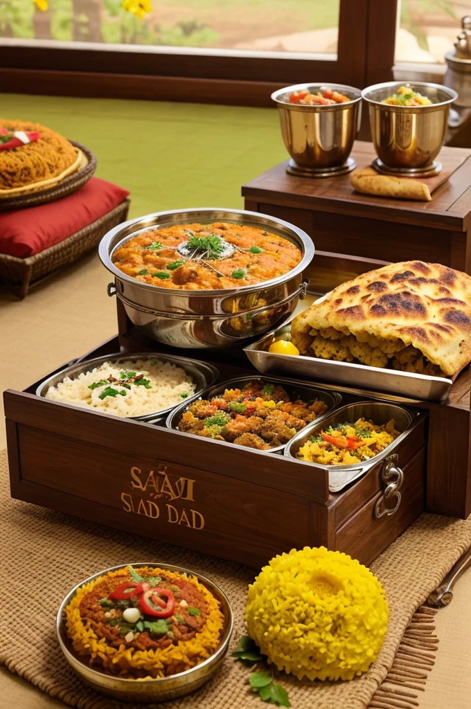 Create a heartwarming Father's Day image of a father and  sharing a meal from "Swaad Sabha" Tiffin Service. Show a cozy home setting with vibrant Indian dishes on a table. Include the "Swaad Sabha" logo prominently on a tiffin box or banner. The mood should be joyful and celebratory.