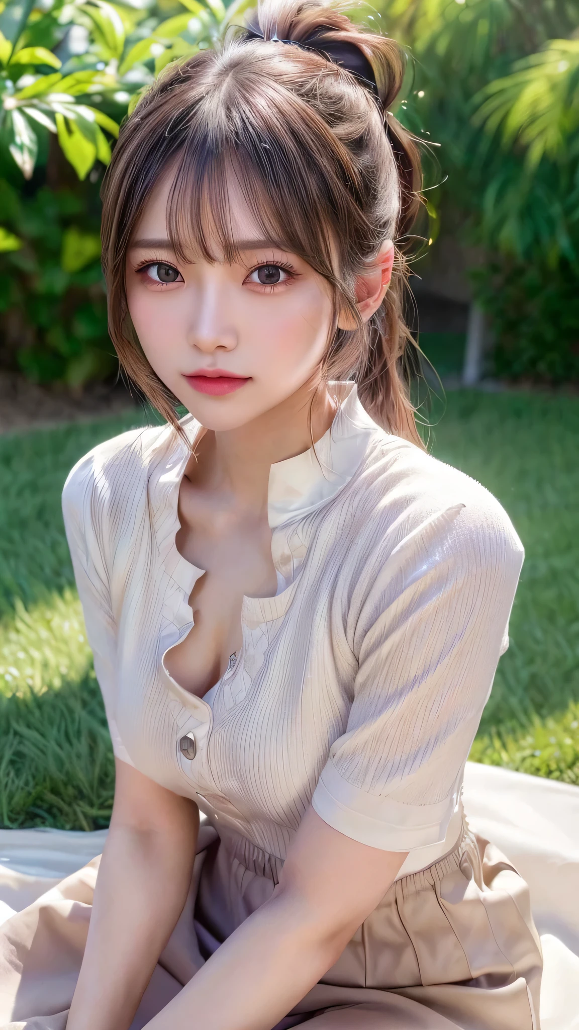 One piece with collar,outdoors,Urban Park,On the lawn,Ultra-detailed, finely detail, hight resolution, 8K Wallpaper, Perfect dynamic composition, Beautiful detailed eyes,Outdoor,Close-up of face,Outdoor,Blushing,Facing forward,,Long hair ponytail,((8k, Raw photo, Best Quality, Mastepiece:1.2), (Realism, Photorealistic:1.4), (Highly detailed 8K wallpapers), Depth of written boundary, Cinematic Lighting, Soft Light, Detailed Beauty Eye,Shiny and smooth light brown ponytail, Asymmetrical bangs, Shiny skin, Ultra-detailed skins ,It is high resolution., High detail, Detailed hairstyle, Detailed facial beauty, Hyper-realistic, Perfect limbs, Perfect Anatomy ,1 Japanese girl,Famous Japanese Idols, Perfect female body,A shy smile,Short eyelashes,Double-edged eyelids,Look straight here,Hair style: ponytail,