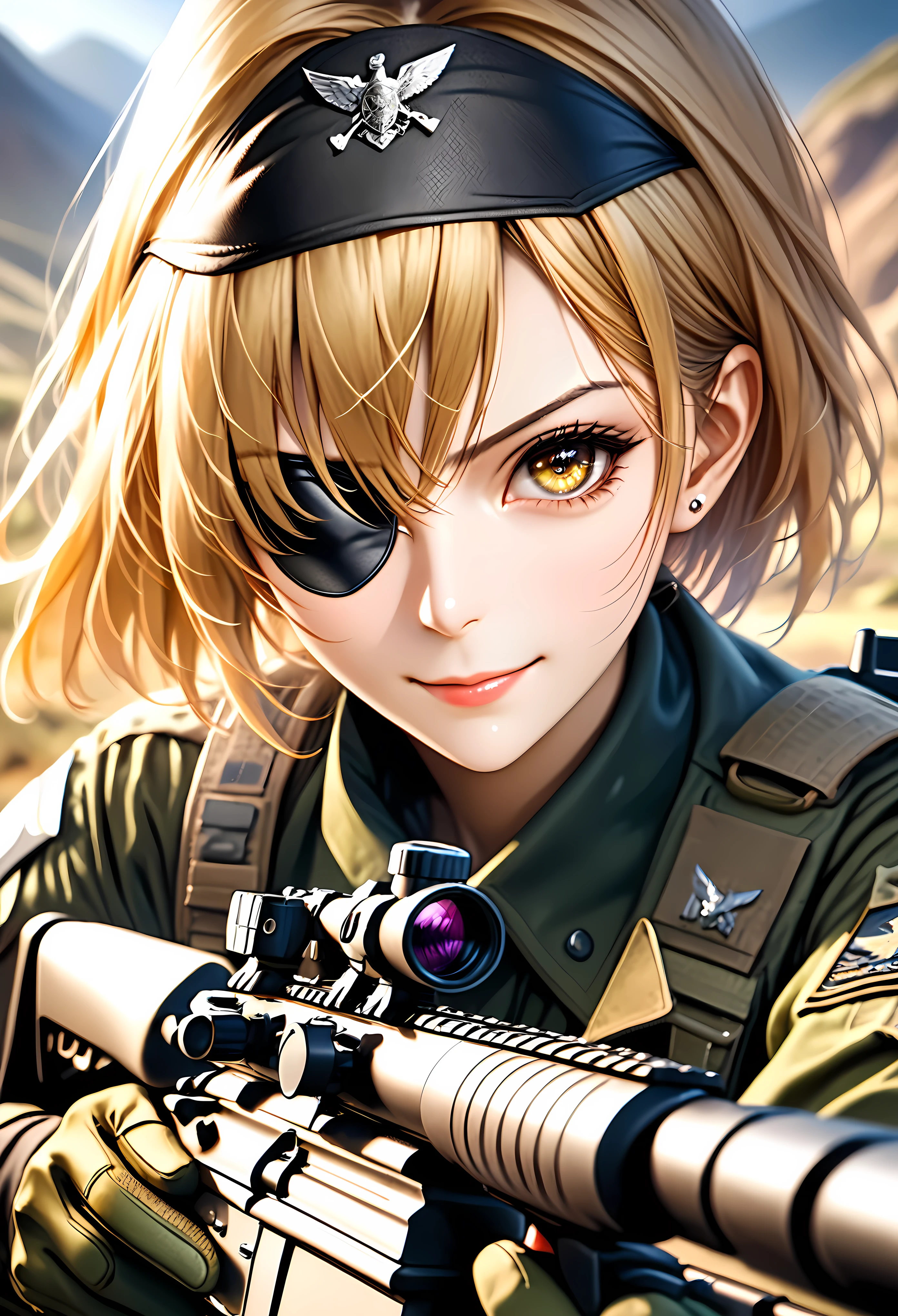 (Masterpiece in maximum 16K resolution:1.6), (intricate detail:1.4), (extremely insane detail:1.4),(highest quality:1.3),(Hyper_realistic:1.3). | ((Dark_color_tones):1.3),((a close up of female special forces soldier with eye patch, aiming a sniper rifle, detailed face, piercing eyes, determined expression):1.3),((military uniform, tactical gear, rugged landscape background, dramatic lighting, cinematic composition):1.1), ((wide angle shot):1.2), Clear light, Edge lighting, Perfect image, 16k UE5,editorial painting, superfine, Depth of field, Ultra-realistic, no contrast, clean sharp focus, professional painting, No blurring. | (watercolor painting, dark color, sharp focus), ((Pretty Supermodel beauty):1.2), ((Blonde Hair):1.1), ((Left eye patch):1.5), ((fancy military hand gloves):1.3), kinetic expression, style painting magic. | ((She is smiling with evil intention):1.3),((perfect_pose):1.5), ((perfect_fingers, better_hands, perfect_hands, perfect_legs):0.7), (((More_Detail))). | Rendered in ultra-high definition with UHD and retina quality, this masterpiece ensures anatomical correctness and textured skin with super detail. With a focus on high quality and accuracy, this award-winning portrayal captures every nuance in stunning 16k resolution, immersing viewers in its lifelike depiction. Avoid extreme angles or exaggerated expressions to maintain realism. ((perfect_composition, perfect_design, perfect_layout, perfect_detail, ultra_detailed)), ((enhance_all, fix_everything)), More Detail, Enhance.