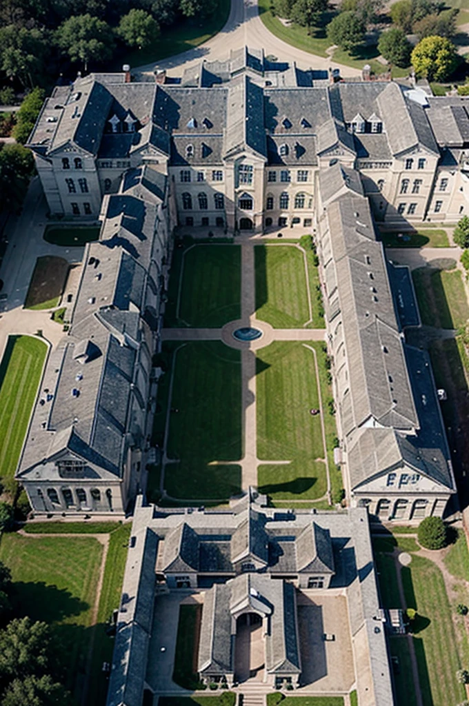 Draw a picture of a magnificent school building from above complete with luxurious royal facilities