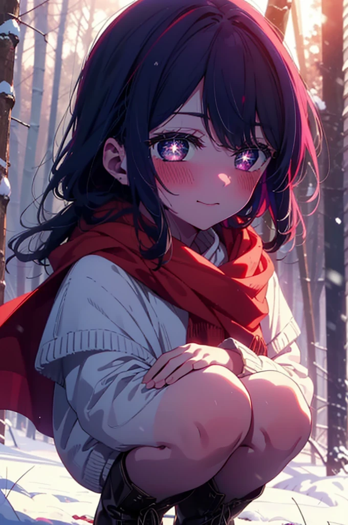 aihoshino, ai hoshino, Long Hair, bangs, (Purple eyes:1.1), Purple Hair, (Symbol-shaped pupil:1.5), smile,,smile,blush,White Breath,
Open your mouth,snow,Ground bonfire, Outdoor, boots, snowing, From the side, wood, suitcase, Cape, Blurred, , forest, White handbag, nature,  Squat, Mouth closed, Cape, winter, Written boundary depth, Black shoes, red Cape break looking at viewer, Upper Body, whole body, break Outdoor, forest, nature, break (masterpiece:1.2), Highest quality, High resolution, unity 8k wallpaper, (shape:0.8), (Beautiful and beautiful eyes:1.6), Highly detailed face, Perfect lighting, Extremely detailed CG, (Perfect hands, Perfect ???????),