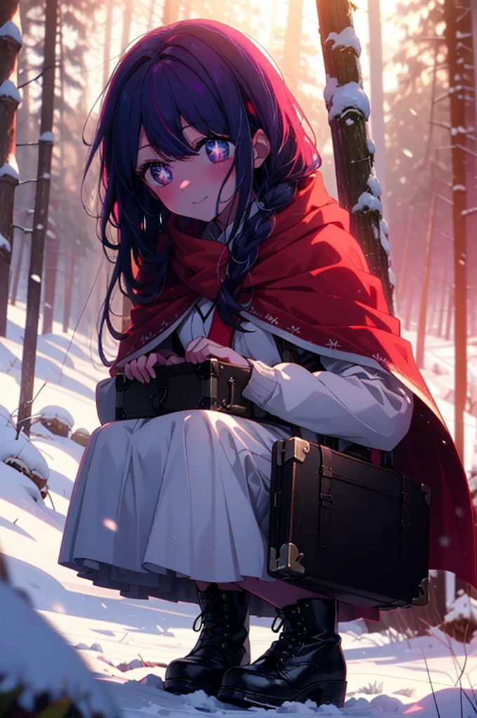 aihoshino, ai hoshino, Long Hair, bangs, (Purple eyes:1.1), Purple Hair, (Symbol-shaped pupil:1.5), smile,,smile,blush,White Breath,
Open your mouth,snow,Ground bonfire, Outdoor, boots, snowing, From the side, wood, suitcase, Cape, Blurred, , forest, White handbag, nature,  Squat, Mouth closed, Cape, winter, Written boundary depth, Black shoes, red Cape break looking at viewer, Upper Body, whole body, break Outdoor, forest, nature, break (masterpiece:1.2), Highest quality, High resolution, unity 8k wallpaper, (shape:0.8), (Beautiful and beautiful eyes:1.6), Highly detailed face, Perfect lighting, Extremely detailed CG, (Perfect hands, Perfect Anatomy),