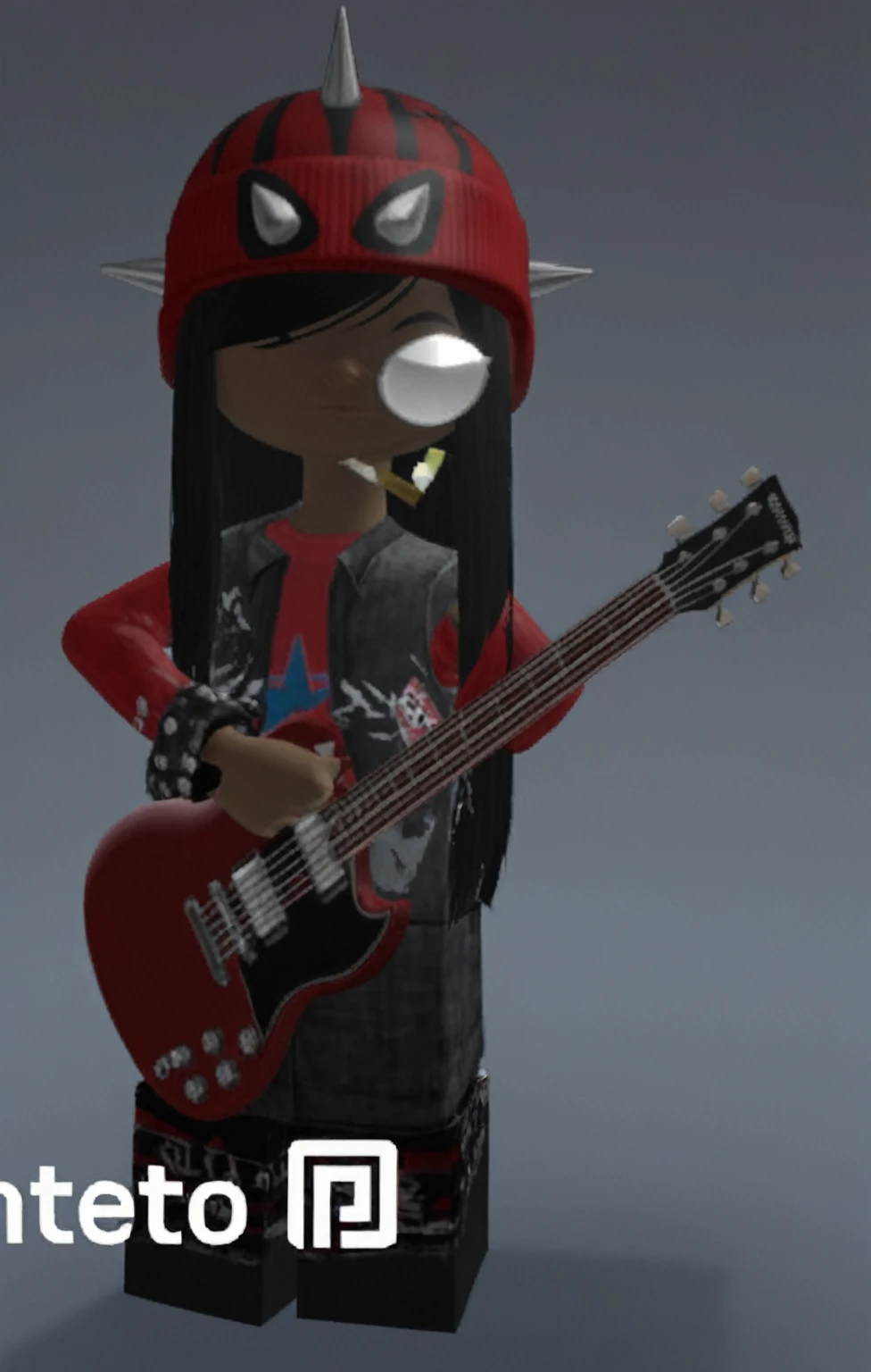 a close up of a person with a guitar and a hat, baixista, punk rocker, avatar roblox, roqueiro punk, he is a rock star, inspirado em Ren Bonian, inspirado em David Gilmour Blythe, guitarrista, !!altamente detalhado!!, avatar da parte superior do corpo, roupa punk, red sunglasses and a guitar, wearing a roupa punk