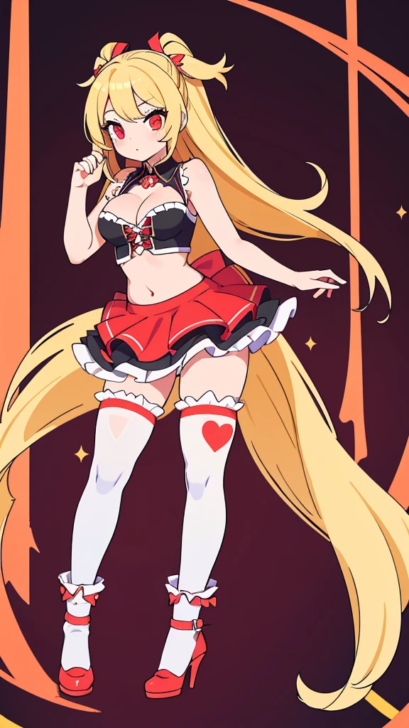 pop idol girl with a magcal girl theme, long blond hair, red eyes, her outfit consists of a belly free top tha shows just a glimbs of cleavage and a frilly skirt as well as heels and thigh high socks all in the same theme and collor sheme,(high quality, master piece, 4k)
