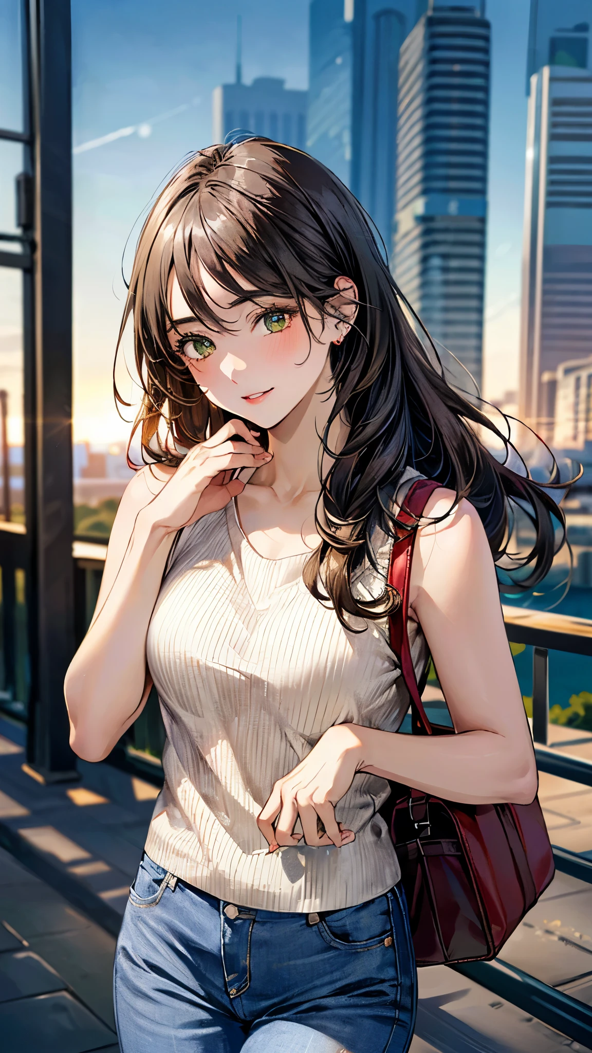 (masterpiece:1.3, top-quality, ultra high res, ultra detailed), (realistic, photorealistic:1.4), beautiful illustration, perfect lighting, natural lighting, colorful, depth of fields, ,
beautiful detailed hair, beautiful detailed face, beautiful detailed eyes, beautiful clavicle, beautiful body, beautiful chest, beautiful thigh, beautiful legs, beautiful fingers, shiny skin,
looking at viewer, 1 girl, high school girl, baseball cosplay, (perfect anatomy, anatomically correct, super detailed skin), cute and symmetrical face, babyface, perfect face, perfect eyes, ,
(long hair:1.5, low ponyrail:1.2, sideburns:1.5, umber hair), swept bangs, emerald green eyes, big eyes, long eye lasher, (medium breasts, seductive thighs), skin dendation,
(detailed cloth texture, sleeveless high neck sweater white:1.1, skinny jeans), one shoulder beige bag,
(beautiful scenery), summer, night, (cityscape:1.2), walking, (lovely smile, upper eyes, parted lips),