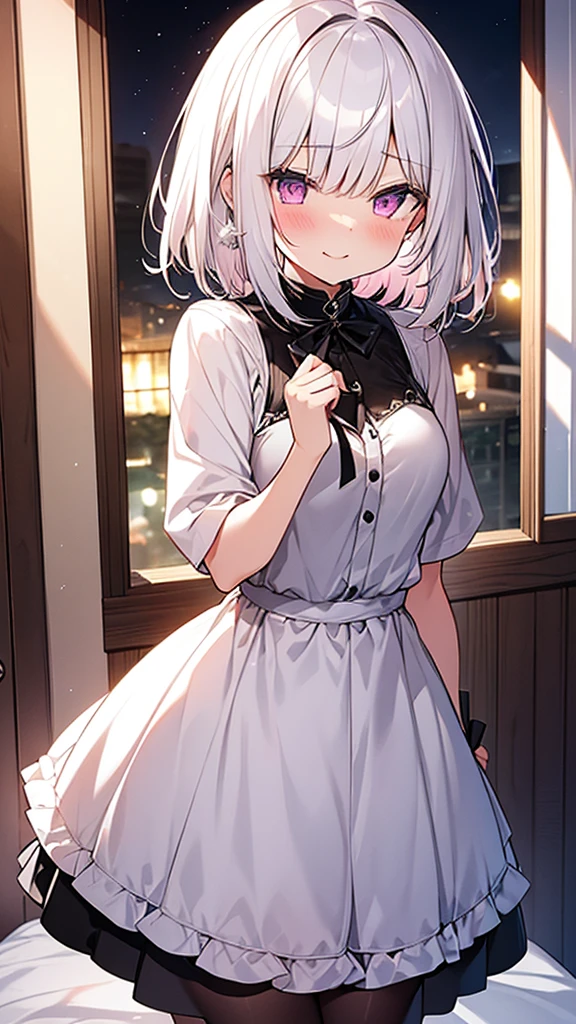 White Hair Girl、Pink Eyes、Short Hair、Only one girl、Night、In the bedroom、Blushing、laughing