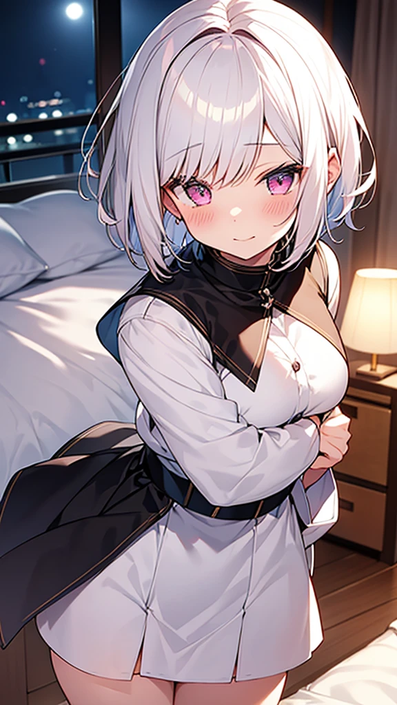White Hair Girl、Pink Eyes、Short Hair、Only one girl、Night、In the bedroom、Blushing、laughing