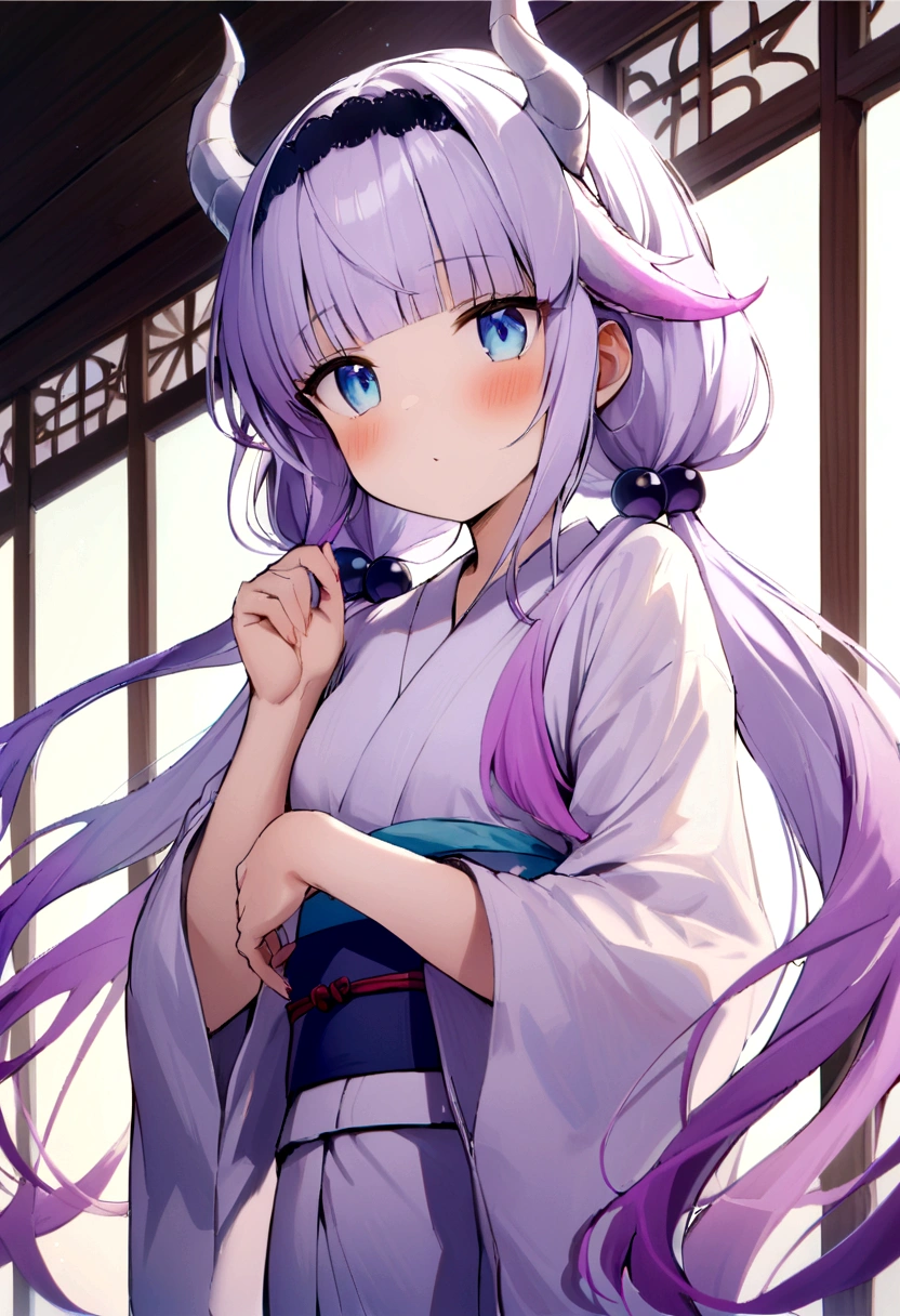 best quality, masterpiece, highres, solo, {yukata:1.40}, {kimono:1.20}, {kanna_kamui_kobayashisanchinomaidragon:1.15}, long_hair, light_purple_hair, blue_eyes, hair_ornament, bangs, blush, multicolored_hair, twintails, blunt_bangs, hair_beads, beads, hairband, gradient_hair, low_twintails, horns, dragon_horns, purple_hair