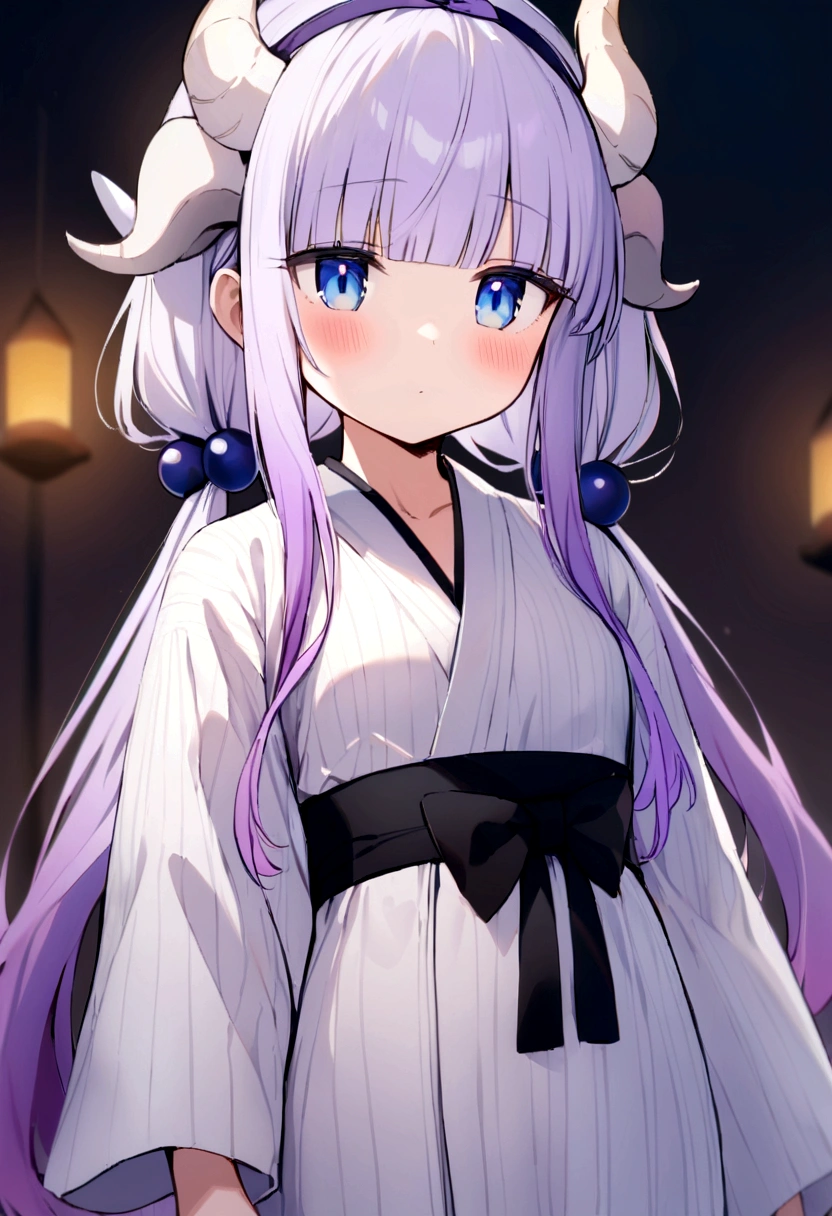 best quality, masterpiece, highres, solo, {yukata:1.40}, {kimono:1.20}, {kanna_kamui_kobayashisanchinomaidragon:1.15}, long_hair, light_purple_hair, blue_eyes, hair_ornament, bangs, blush, multicolored_hair, twintails, blunt_bangs, hair_beads, beads, hairband, gradient_hair, low_twintails, horns, dragon_horns, purple_hair