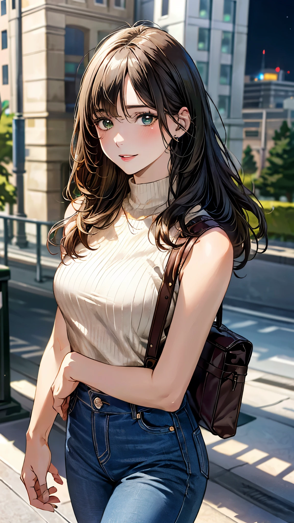 (masterpiece:1.3, top-quality, ultra high res, ultra detailed), (realistic, photorealistic:1.4), beautiful illustration, perfect lighting, natural lighting, colorful, depth of fields, ,
beautiful detailed hair, beautiful detailed face, beautiful detailed eyes, beautiful clavicle, beautiful body, beautiful chest, beautiful thigh, beautiful legs, beautiful fingers, shiny skin,
looking at viewer, 1 girl, high school girl, baseball cosplay, (perfect anatomy, anatomically correct, super detailed skin), cute and symmetrical face, babyface, perfect face, perfect eyes, ,
(long hair:1.5, low ponyrail:1.2, sideburns:1.5, umber hair), swept bangs, emerald green eyes, big eyes, long eye lasher, (medium breasts, seductive thighs), skin dendation,
(detailed cloth texture, sleeveless high neck sweater white:1.1, skinny jeans), one shoulder beige bag,
(beautiful scenery), summer, night, (cityscape:1.2), walking, (lovely smile, upper eyes, parted lips),
