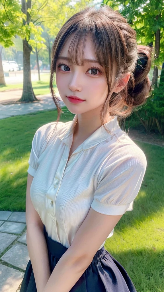 One piece with collar,outdoors,Urban Park,On the lawn,Ultra-detailed, finely detail, hight resolution, 8K Wallpaper, Perfect dynamic composition, Beautiful detailed eyes,Outdoor,Close-up of face,Outdoor,Blushing,Facing forward,,Long hair ponytail,((8k, Raw photo, Best Quality, Mastepiece:1.2), (Realism, Photorealistic:1.4), (Highly detailed 8K wallpapers), Depth of written boundary, Cinematic Lighting, Soft Light, Detailed Beauty Eye,Shiny and smooth light brown ponytail, Asymmetrical bangs, Shiny skin, Ultra-detailed skins ,It is high resolution., High detail, Detailed hairstyle, Detailed facial beauty, Hyper-realistic, Perfect limbs, Perfect Anatomy ,1 Japanese girl,Famous Japanese Idols, Perfect female body,A shy smile,Short eyelashes,Double-edged eyelids,Look straight here,Hair style: ponytail,