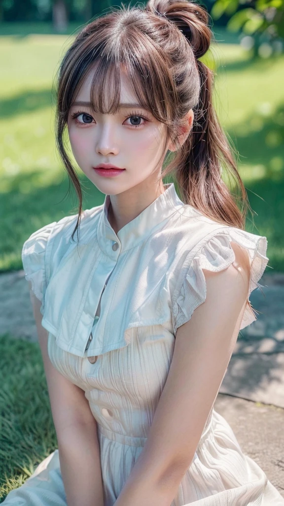 One piece with collar,outdoors,Urban Park,On the lawn,Ultra-detailed, finely detail, hight resolution, 8K Wallpaper, Perfect dynamic composition, Beautiful detailed eyes,Outdoor,Close-up of face,Outdoor,Blushing,Facing forward,,Long hair ponytail,((8k, Raw photo, Best Quality, Mastepiece:1.2), (Realism, Photorealistic:1.4), (Highly detailed 8K wallpapers), Depth of written boundary, Cinematic Lighting, Soft Light, Detailed Beauty Eye,Shiny and smooth light brown ponytail, Asymmetrical bangs, Shiny skin, Ultra-detailed skins ,It is high resolution., High detail, Detailed hairstyle, Detailed facial beauty, Hyper-realistic, Perfect limbs, Perfect Anatomy ,1 Japanese girl,Famous Japanese Idols, Perfect female body,A shy smile,Short eyelashes,Double-edged eyelids,Look straight here,Hair style: ponytail,