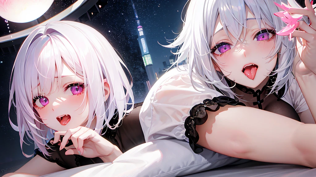 White Hair、Pink Eyes、Short Hair、laughing、Only one girl、alone、Cute、Face is close、Night、Sitting on the bed