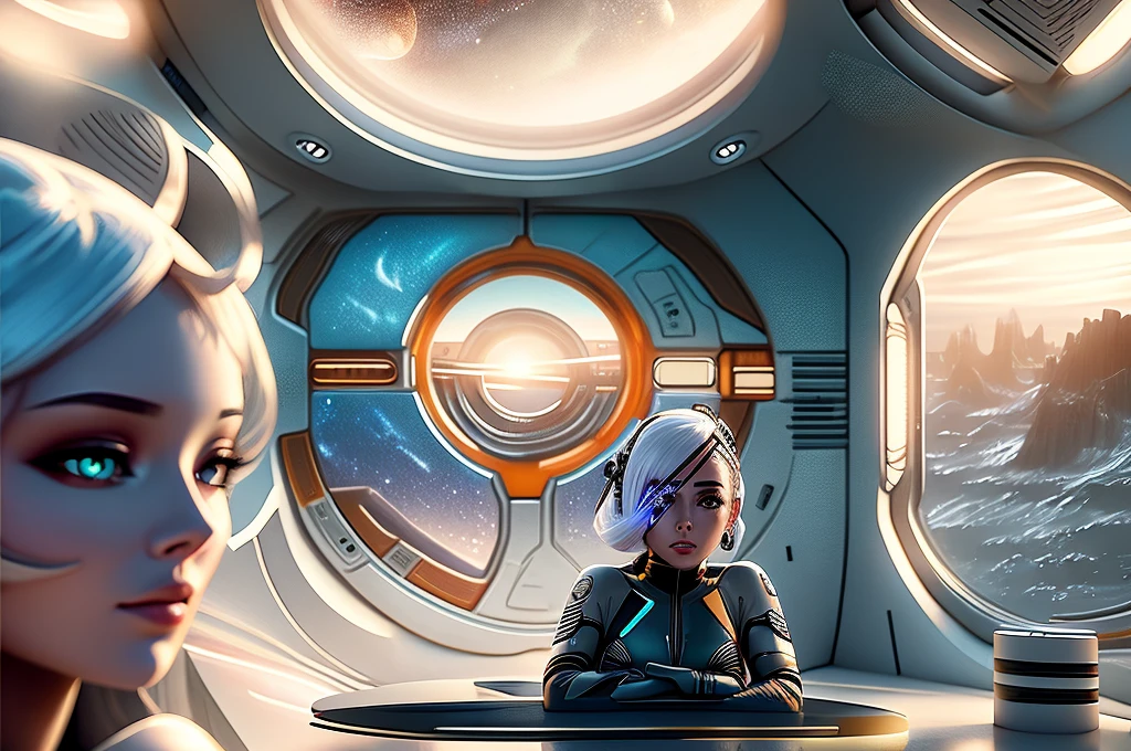 One sublime woman sits next to a table, the woman's left eye is replaced by a galactic eye patch, scene in a futuristic laboratory