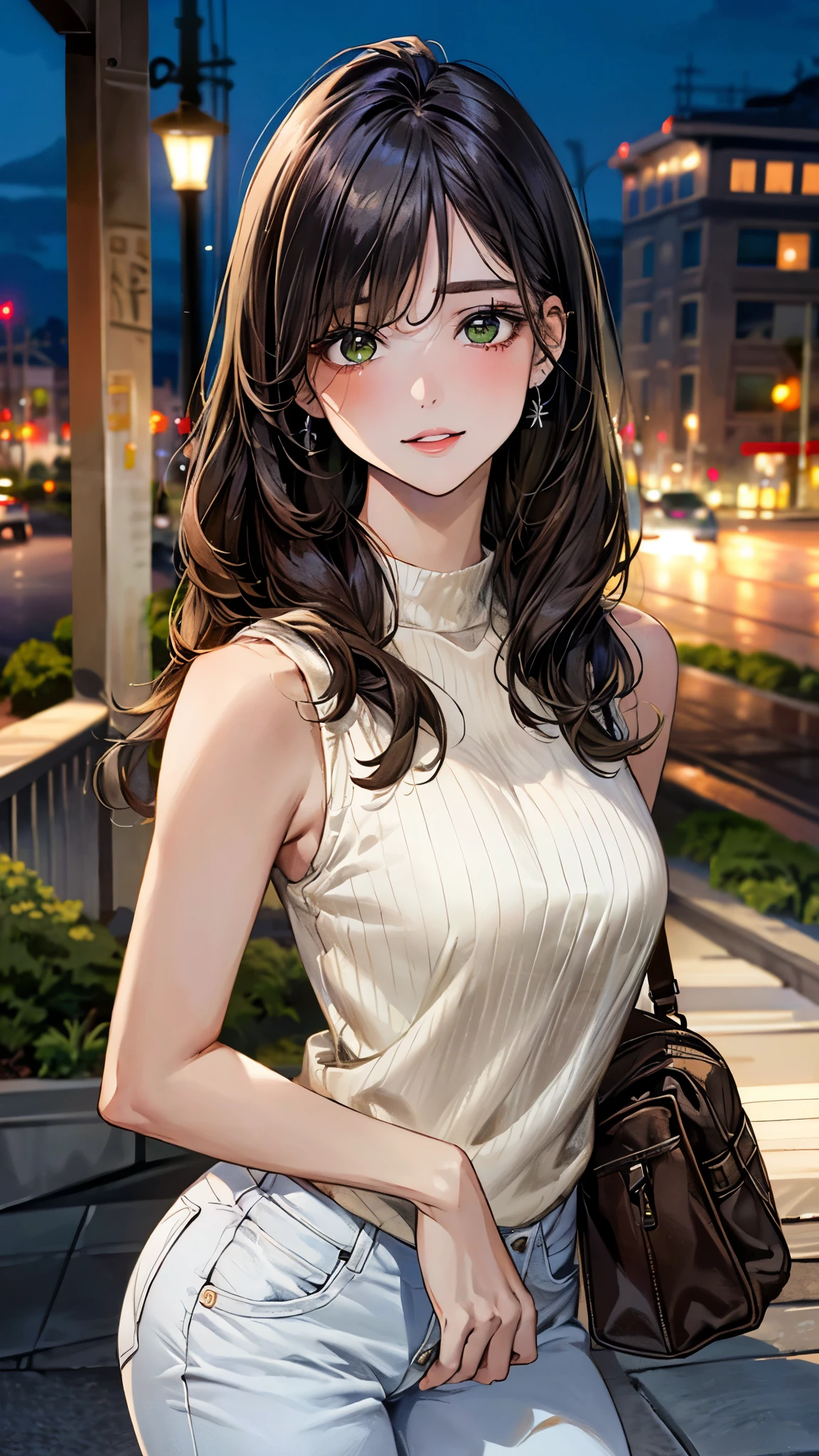 (masterpiece:1.3, top-quality, ultra high res, ultra detailed), (realistic, photorealistic:1.4), beautiful illustration, perfect lighting, natural lighting, colorful, depth of fields, ,
beautiful detailed hair, beautiful detailed face, beautiful detailed eyes, beautiful clavicle, beautiful body, beautiful chest, beautiful thigh, beautiful legs, beautiful fingers, shiny skin, 
looking at viewer, 1 girl, high school girl, baseball cosplay, (perfect anatomy, anatomically correct, super detailed skin), cute and symmetrical face, babyface, perfect face, perfect eyes, , 
(long hair:1.5, low ponyrail:1.2, sideburns:1.5, umber hair), swept bangs, emerald green eyes, big eyes, long eye lasher, (medium breasts, seductive thighs), skin dendation, 
(detailed cloth texture, sleeveless high neck sweater white:1.1, skinny jeans), one shoulder beige bag, 
(beautiful scenery), summer, night, (cityscape:1.2), walking, (lovely smile, upper eyes, parted lips), 