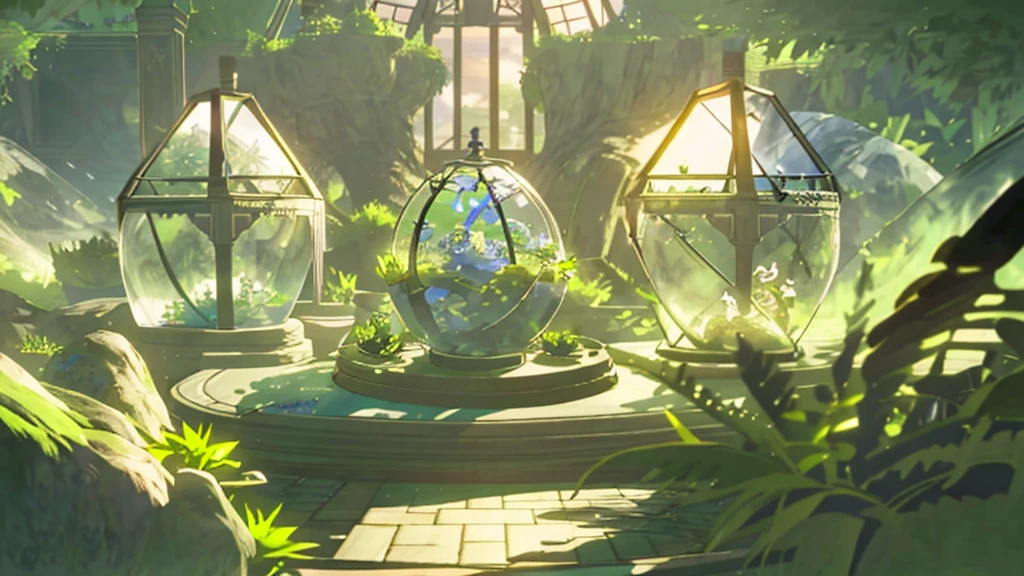 「１Encased in two glass domes、A beautiful and delicate terrarium。Mr.々Various kinds of green plants are harmoniously arranged、Small stones and tree branches are scattered around。Warm natural light pours in、It creates a fantastic atmosphere, as if a small world is spreading inside the terrarium.。Realistic and detailed texture and color、Generate a CG rendered terrarium wallpaper。」