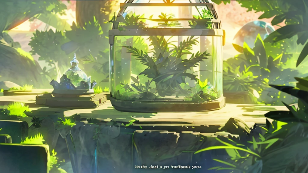 「1Encased in two glass domes、A beautiful and delicate terrarium。Mr.々Various kinds of green plants are harmoniously arranged、Small stones and tree branches are scattered around。Warm natural light pours in、It creates a fantastic atmosphere, as if a small world is spreading inside the terrarium.。Realistic and detailed texture and color、Generate a CG rendered terrarium wallpaper。」