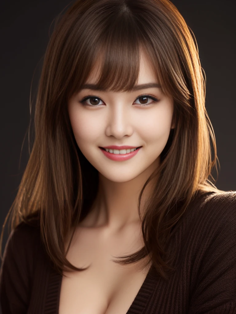 masterpiece, Highest quality, Very detailed, 複雑に詳細なSuper detailed, Realistic, Sharp features, Very detailed, Sharp focus, Perfect Face, Perfect Face, Perfect symmetrical perfect eyes, Perfect Plump Lips, Flexible female form, Cinematic, Film Light, Super detailed, hyper Realistic, High resolution, Vibrant, Dynamic Studio Lighting, ((Dark Background)), (A modest smile), (Captivating smile), Light brown hair, Asymmetrical hair, Asymmetrical bangs, Messy Hair, Exposed cleavage, Brown eyes, Black sweater, Cowboy Shot,