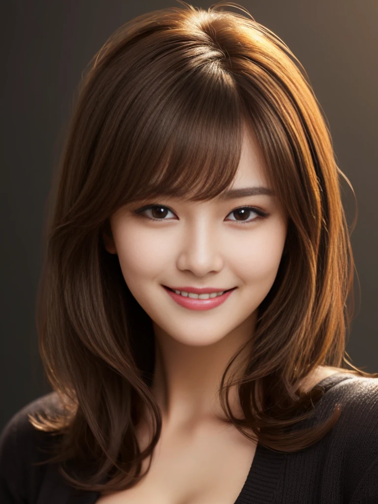 masterpiece, Highest quality, Super detailed, 複雑に詳細なSuper detailed, Realistic, Sharp features, Very detailed, Sharp focus, Perfect Face, Perfect Face, Perfect symmetrical perfect eyes, Perfect Plump Lips, Flexible female form, Cinematic, Film Light, Super detailed, hyper Realistic, High resolution, Vibrant, Dynamic Studio Lighting, ((Dark Background)), (A modest smile), (Captivating smile), Light brown hair, Asymmetrical Hair, Asymmetrical bangs, Messy Hair, Exposed cleavage, Brown eyes, Black sweater, Cowboy Shot, 