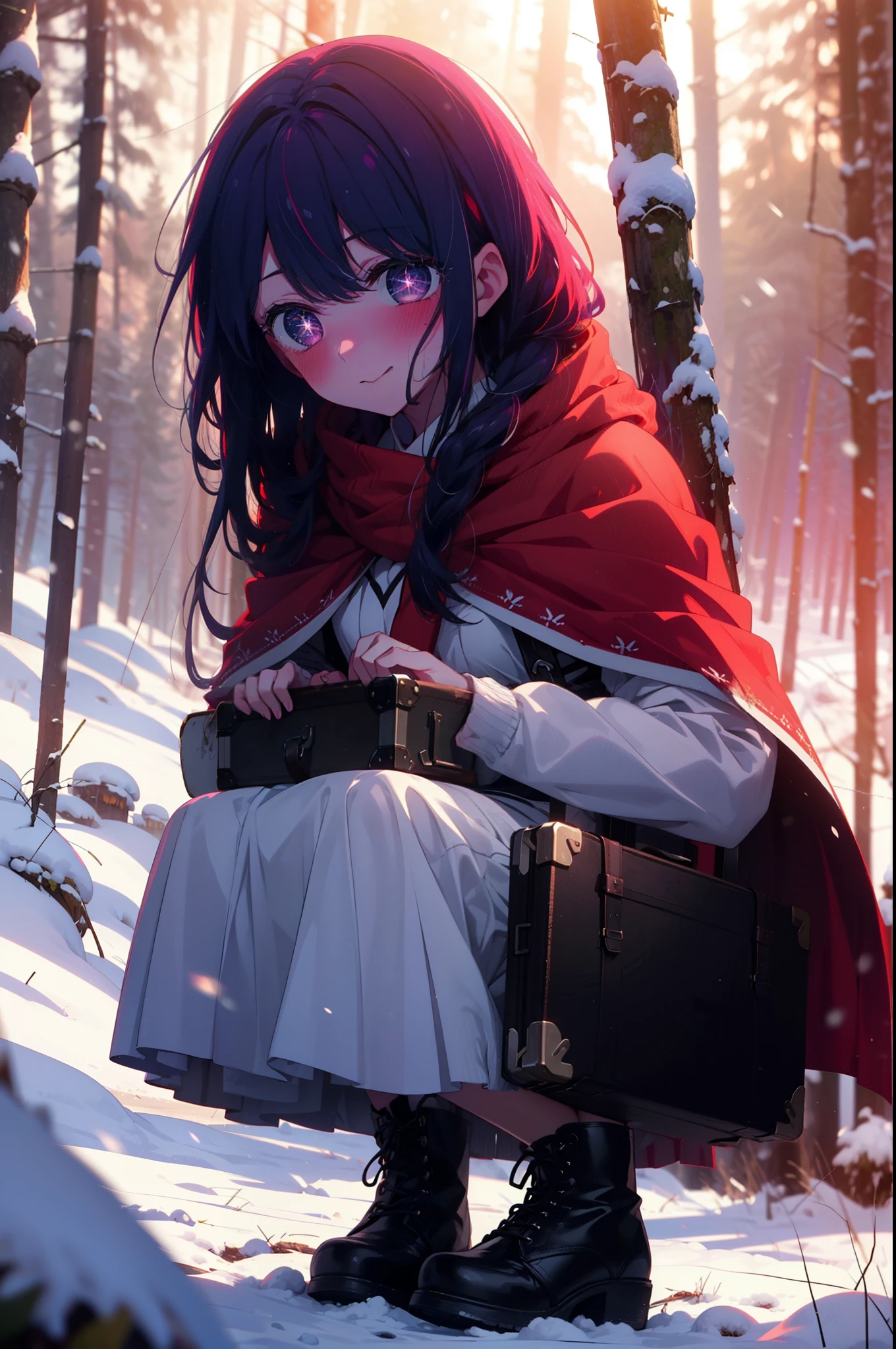 aihoshino, ai hoshino, Long Hair, bangs, (Purple eyes:1.1), Purple Hair, (Symbol-shaped pupil:1.5), smile,,smile,blush,White Breath,
Open your mouth,snow,Ground bonfire, Outdoor, boots, snowing, From the side, wood, suitcase, Cape, Blurred, , forest, White handbag, nature, Squat, Mouth closed, Cape, winter, Written boundary depth, Black shoes, red Cape break looking at viewer, Upper Body, whole body, break Outdoor, forest, nature, break (masterpiece:1.2), Highest quality, High resolution, unity 8k wallpaper, (shape:0.8), (Beautiful and beautiful eyes:1.6), Highly detailed face, Perfect lighting, Extremely detailed CG, (Perfect hands, Perfect Anatomy),