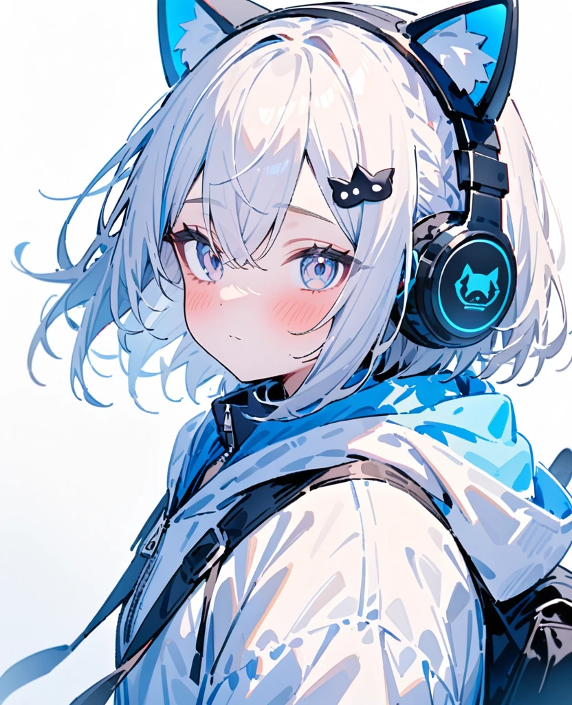 masterpiece, best quality, very aesthetic, absurdres, newest, 1girl, solo, looking at viewer, blush, short hair, bangs, simple background, hair ornament, white background, animal ears, hair between eyes, closed mouth, jacket, upper body, white hair, cat ears, hood, bag, from side, animal ear fluff, looking to the side, fake animal ears, headphones, white jacket, backpack, hood down, hooded jacket, zipper, animal ear headphones