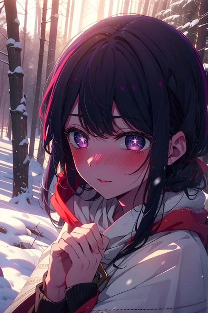 aihoshino, ai hoshino, Long Hair, bangs, (Purple eyes:1.1), Purple Hair, (Symbol-shaped pupil:1.5), smile,,smile,blush,White Breath,
Open your mouth,snow,Ground bonfire, Outdoor, boots, snowing, From the side, wood, suitcase, Cape, Blurred, , forest, White handbag, nature, Squat, Mouth closed, Cape, winter, Written boundary depth, Black shoes, red Cape break looking at viewer, Upper Body, whole body, break Outdoor, forest, nature, break (masterpiece:1.2), Highest quality, High resolution, unity 8k wallpaper, (shape:0.8), (Beautiful and beautiful eyes:1.6), Highly detailed face, Perfect lighting, Extremely detailed CG, (Perfect hands, Perfect Anatomy),