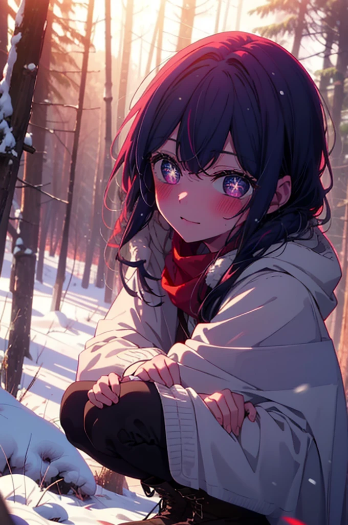 aihoshino, ai hoshino, Long Hair, bangs, (Purple eyes:1.1), Purple Hair, (Symbol-shaped pupil:1.5), smile,,smile,blush,White Breath,
Open your mouth,snow,Ground bonfire, Outdoor, boots, snowing, From the side, wood, suitcase, Cape, Blurred, , forest, White handbag, nature,  Squat, Mouth closed, Cape, winter, Written boundary depth, Black shoes, red Cape break looking at viewer, Upper Body, whole body, break Outdoor, forest, nature, break (masterpiece:1.2), Highest quality, High resolution, unity 8k wallpaper, (shape:0.8), (Beautiful and beautiful eyes:1.6), Highly detailed face, Perfect lighting, Extremely detailed CG, (Perfect hands, Perfect Anatomy),