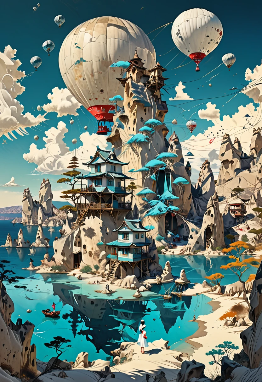 (One girl),Standing stunned,(The girl is depicted large:1.4),Landscape,Style of Japan painting,White dress,Turquoise Hair,Twin tails,Pitiful,noon,Small Background,Ocean,Mountain,Tower,plane,stall,エメラルドブルーのOceanの背景,Cumulonimbus cloud debris,Highest quality,Ultra-high resolution,Golden Ratio,Maximum Coefficient,Cappadocia
