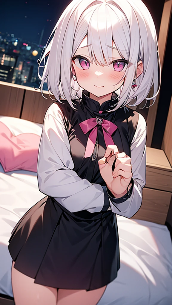 White Hair Girl、Pink Eyes、Short Hair、Only one girl、Night、In the bedroom、Blushing、laughing