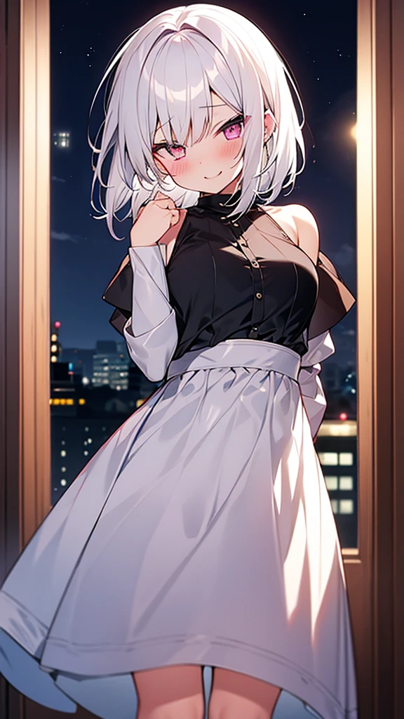 White Hair Girl、Pink Eyes、Short Hair、Only one girl、Night、In the bedroom、Blushing、laughing