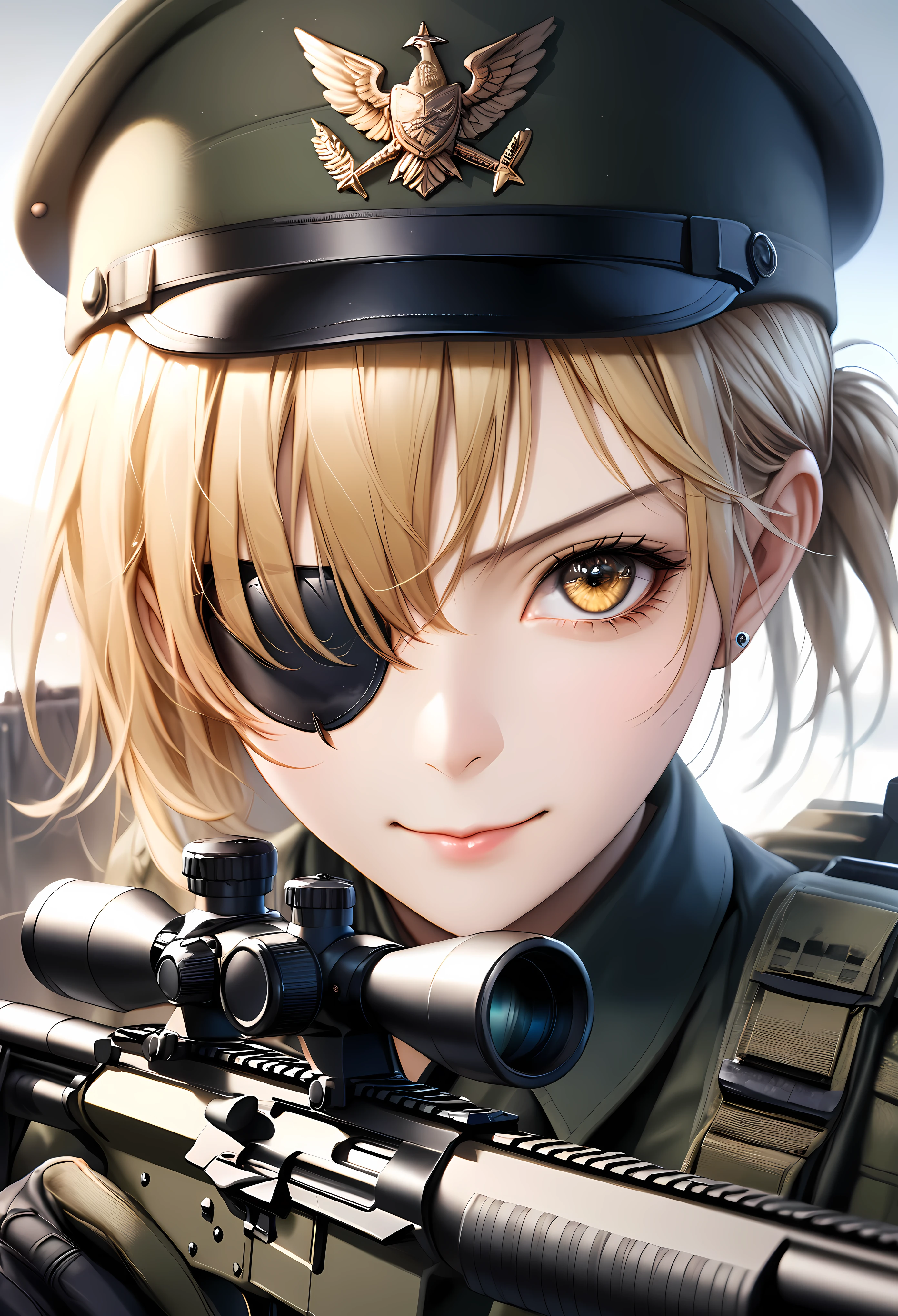 (Masterpiece in maximum 16K resolution:1.6), (intricate detail:1.4), (extremely insane detail:1.4),(highest quality:1.3),(Hyper_realistic:1.3). | ((Dark_color_tones):1.3),((a close up of female special forces soldier with eye patch, aiming a sniper rifle, detailed face, piercing eyes, determined expression):1.3),((military uniform, tactical gear, rugged landscape background, dramatic lighting, cinematic composition):1.1), ((wide angle shot):1.2), Clear light, Edge lighting, Perfect image, 16k UE5,editorial painting, superfine, Depth of field, Ultra-realistic, no contrast, clean sharp focus, professional painting, No blurring. | (watercolor painting, dark color, sharp focus), ((Pretty Supermodel beauty):1.2), ((Blonde Hair):1.1), ((Left eye patch):1.8), ((fancy military hand gloves):1.3), kinetic expression, style painting magic. | ((She is smiling with evil intention):1.3),((perfect_pose):1.5), ((perfect_fingers, better_hands, perfect_hands, perfect_legs):0.7), (((More_Detail))). | Rendered in ultra-high definition with UHD and retina quality, this masterpiece ensures anatomical correctness and textured skin with super detail. With a focus on high quality and accuracy, this award-winning portrayal captures every nuance in stunning 16k resolution, immersing viewers in its lifelike depiction. Avoid extreme angles or exaggerated expressions to maintain realism. ((perfect_composition, perfect_design, perfect_layout, perfect_detail, ultra_detailed)), ((enhance_all, fix_everything)), More Detail, Enhance.