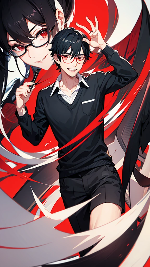 male, black hair, red eyes, teacher, wearing glasses,sick smile