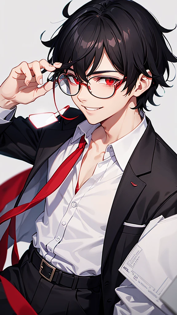 male, black hair, red eyes, teacher, wearing glasses,sick smile