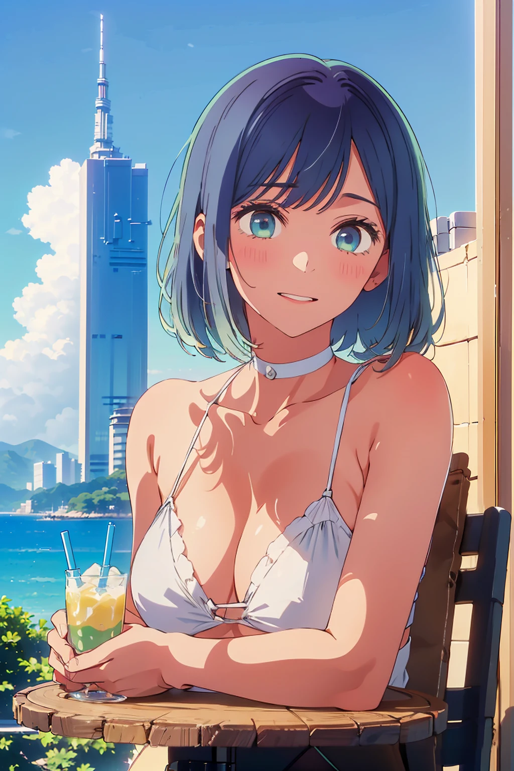 Highest quality,8k,detailed,F cup bust、Big Breasts、Very cute face、Slim and beautiful arms、Slim body、Very white beautiful skin、Have a little abs、((((1 person、smile、Thin white bikini、smile、sit、In the background are the urban buildings of Tokyo、Outdoor café terrace、Drink juice、Cheek resting on hand、coastal、table、Shooting from a distance、Very blue sky、A completely cloudless sky))))、She tilted her head slightly、The atmosphere is bright and lively、The woman is at the center of the image。