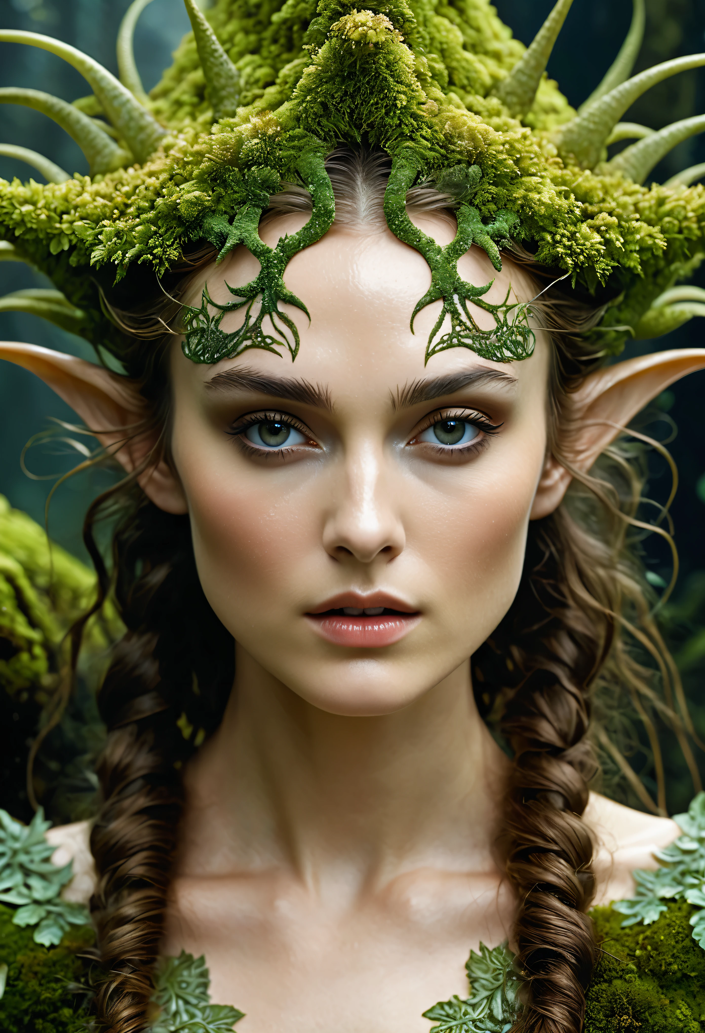Looks like Keira Knightley, Closeup of a Surreal moss Elf with pointy ears in the styles of Ernst Haeckel, Arthur Rackham, Roger Dean, Jeff Wall, by Wolfgang Tillmans, Brooke Shaden $etching drawing illustration$ resin
detailed matte painting, deep color, fantastical, intricate detail, splash screen, complementary colors, fantasy concept art, 8k resolution trending on Artstation Unreal Engine 5, ethereal beauty, stunning beauty, 