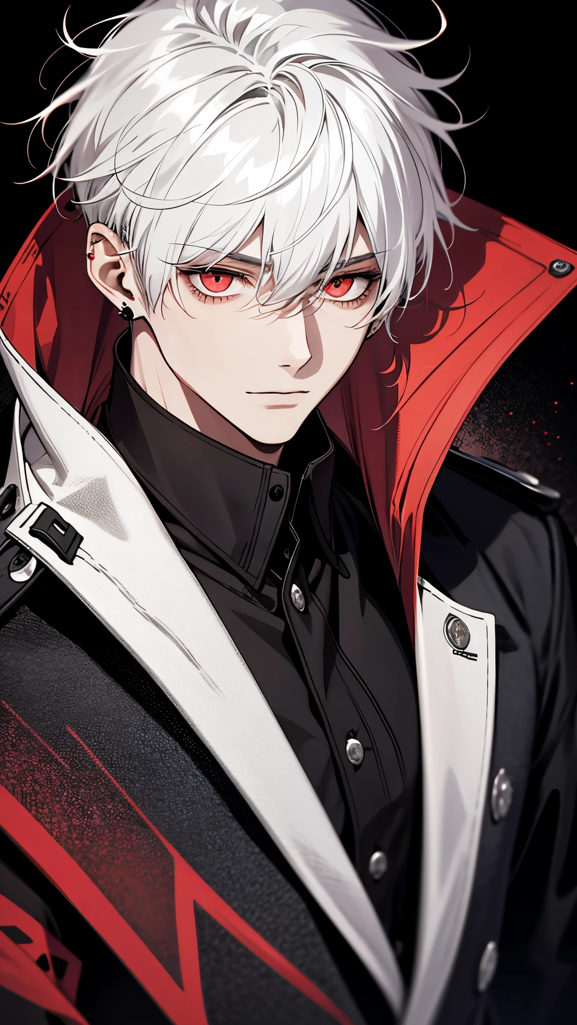 1male, calm, age 25 face, short messy with bangs, white hair, Red colored eyes, Black Coat, black clothes, black background, adult face, modern times, close up, instrument, ear piercing