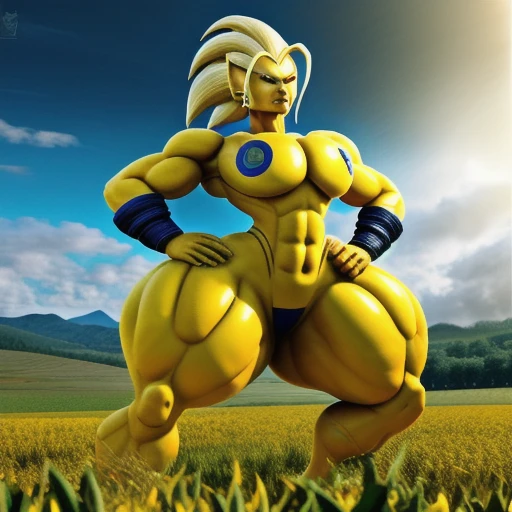 a close up of a yellow pokemon character in a field, insanely inflated hips, thicc, sfw version, mega detailed, nintendo, badass pose, going super saiyan, android 18, ultra mega super hyper detail, hyper, most strongest pose, extremely hyper detailed, 🐎🍑, hyperdetailed!!!, ultra mega detailed, it has lemon skin texture