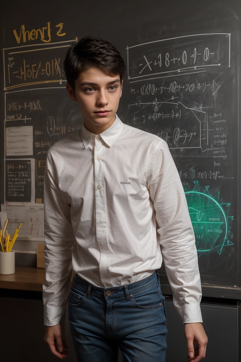 A cute, beautiful, black-haired male twink is wearing a luxurious, bright white, long-sleeved shirt and jeans. He is in his office, and behind him is a blackboard with calculus written on it. Neon energy emerges from the blackboard as he looks proudly, and a mind map of science comes out of his head.