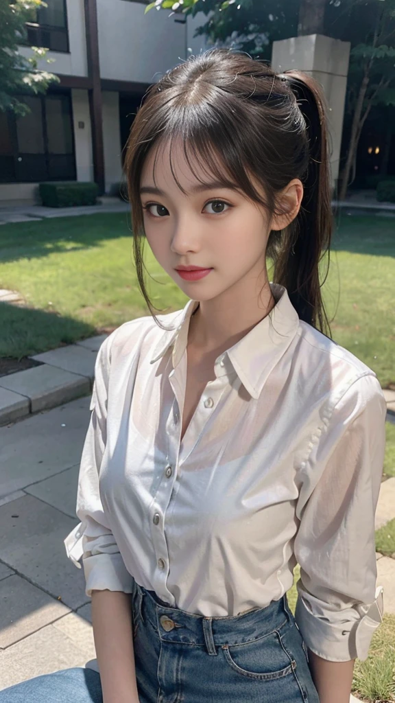 White collared shirt,jeans,Park,On the lawn,Close up face,One woman,masutepiece, The highest image quality, High quality, the background is clear,Beautiful woman, Japanese,Ultra-detailed, finely detail, hight resolution, 8K Wallpaper, Perfect dynamic composition, Beautiful detailed eyes , Detailed, Detailed eyes, Detailed skin, Beautiful skin, 超hight resolution, (reality: 1.4),Very beautiful woman, Slightly younger face, Beautiful skin, slender, (Ultra photo realsisim), (hight resolution), (8K), (Very detailed) (beautifully detailed eyes), (super detailed), (Detailed face), view the viewer, Fine details, Detailed face, Staring straight ahead, Staring straight ahead, photos realistic, Bright lighting, Professional Lighting, Black hair,poneyTail,a baby face,fourteen years old,Hairstyle: ponytail,Long ponytail hairstyle,slight smile,neat and tidy clothing,Beautiful Japanese KPOP idol photo, hair style is ponytail, my eyes are double and wide, baby face, smile and look straight ahead, slender, small breasts,Close up face,