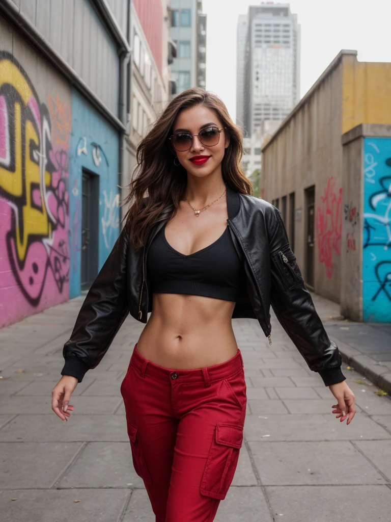 (a woman:1.1), (navel:1.1), (cargo pants:1.1), (cropped shirt with jacket:1.1), (stylish pose:1.1), (action pose:1.1), (portrait:1.2), (photography:1.1), (vivid colors:1.1), (dynamic lighting:1.1), (fashionable:1.1), (confident:1.1), (modern:1.1), (youthful:1.1), (urban background:1.1), (city streets:1.1), (graffiti wall:1.1), (sunglasses:1.1), (long wavy hair:1.1), (makeup:1.1), (high heels:1.1), (handbag:1.1), (walking forward:1.1), (head held high:1.1), (fierce expression:1.1), (bold lipstick:1.1), (tattoos:1.1), (confidence radiating:1.1), (impactful:1.1), (on the move:1.1), (leading the way:1.1), (exuding style:1.1), (modern street fashion:1.1), (energetic atmosphere:1.1), (creative composition:1.1), (cityscape in the background:1.1), (saturated colors:1.1), (dramatic shadows:1.1), (striking visuals:1.1), Deep cleavage,

 ....Tall, Athletic, Triangular Face, Fair Skin, long brown Hair, hazel Eyes, [[Curved Nose]], Thick Lips, Round Chin, Instagram model, cheerful smile, medium breasts, coral stain lipstick,
Masterpiece, hi res, 8k, award winning, RAW photo, high quality, 35mm photograph, film grain, bokeh, professional, 4k, highly detailed, 