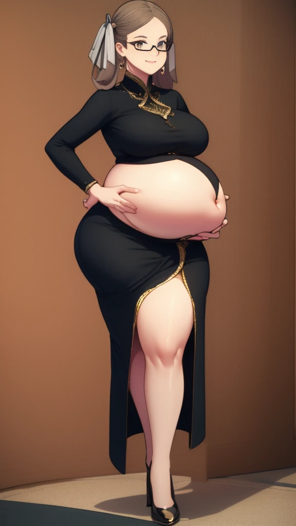 (Full body, glasses), An image of a pregnant girl with her belly on full display. She is a very voluptuous lady, she has a smug face