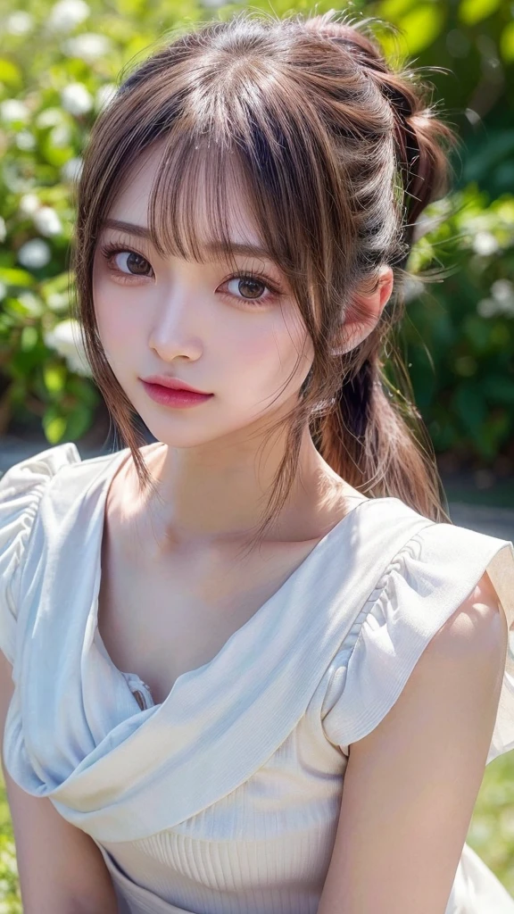 One piece with collar,outdoors,Urban Park,On the lawn,Ultra-detailed, finely detail, hight resolution, 8K Wallpaper, Perfect dynamic composition, Beautiful detailed eyes,Outdoor,Close-up of face,Outdoor,Blushing,Facing forward,,Long hair ponytail,((8k, Raw photo, Best Quality, Mastepiece:1.2), (Realism, Photorealistic:1.4), (Highly detailed 8K wallpapers), Depth of written boundary, Cinematic Lighting, Soft Light, Detailed Beauty Eye,Shiny and smooth light brown ponytail, Asymmetrical bangs, Shiny skin, Ultra-detailed skins ,It is high resolution., High detail, Detailed hairstyle, Detailed facial beauty, Hyper-realistic, Perfect limbs, Perfect Anatomy ,1 Japanese girl,Famous Japanese Idols, Perfect female body,A shy smile,Short eyelashes,Double-edged eyelids,Look straight here,Hair style: ponytail,