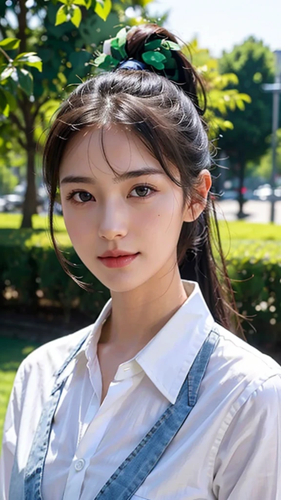 White collared shirt,jeans,outdoors,Urban Park,On the lawn,One woman,close up face,fully body photo,masutepiece, The highest image quality, High quality, the background is clear，Beautiful woman, Japanese, Detailed, Ultra-detailed, finely detail, hight resolution, 8K Wallpaper, Perfect dynamic composition, Beautiful detailed eyes ,Detailed eyes, Detailed skin, Beautiful skin, 超hight resolution, (reality: 1.4),Very beautiful woman, Slightly younger face, Beautiful skin, slender, (Ultra photo realsisim), (hight resolution), (8K), (Very detailed) (beautifully detailed eyes), (super detailed),   (Detailed face), view the viewer, Fine details, Detailed face, Staring straight ahead, Staring straight ahead, photos realistic, Bright lighting, Professional Lighting, Black hair,poneyTail,a baby face,sixteen years old,Hairstyle: ponytail,Long ponytail hairstyle,slight smile,