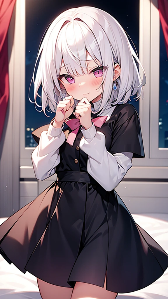 White Hair Girl、Pink Eyes、Short Hair、Only one girl、Night、In the bedroom、Blushing、laughing